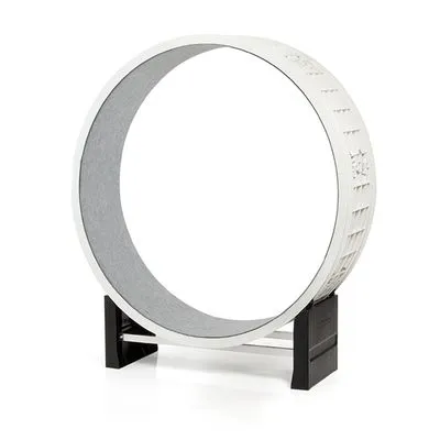 Roda de exercício circular para gatos, estrutura em plástico branco com superfície interna cinzenta e base preta. Sem marcas ou texto visíveis.