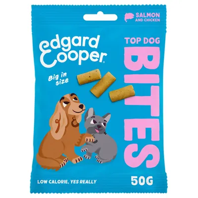 Edgard Cooper Top Dog Bites, salmon and chicken, Big in size, Low calorie. 50g verpakking met afbeelding van twee honden en drie staafvormige snacks.