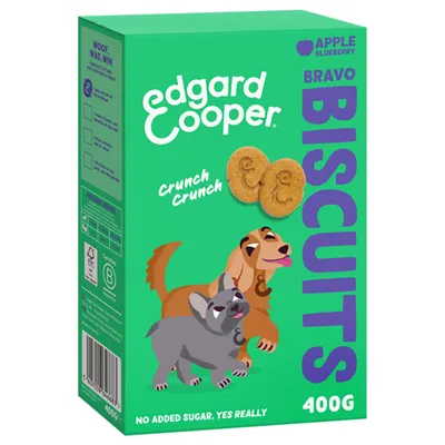 edgard cooper BRAVO BISCUITS appel blueberry, Crunch Crunch, 400g. Geen toegevoegde suiker. Illustratie van twee honden op de verpakking.
