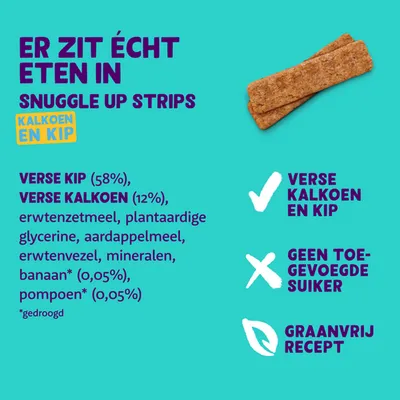 Snuggle Up Strips kalkoen en kip. Verse kip (58%), verse kalkoen (12%), erwtenzetmeel, plantaardige glycerine, aardappelmeel, erwtenvezel, mineralen, banaan, pompoen. Graanvrij recept.