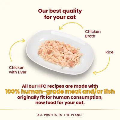 Plate with shredded chicken, liver, rice and broth. Text: Our best quality for your cat. All our HFC recipes are made with 100% human-grade meat and/or fish. All profits to the planet.