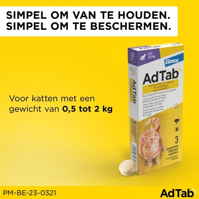 AdTab kauwtabletten voor katten 0,5–2 kg, verpakking met 3 tabletten. Tekst: Simpel om van te houden. Simpel om te beschermen. Voor katten met een gewicht van 0,5 tot 2 kg.