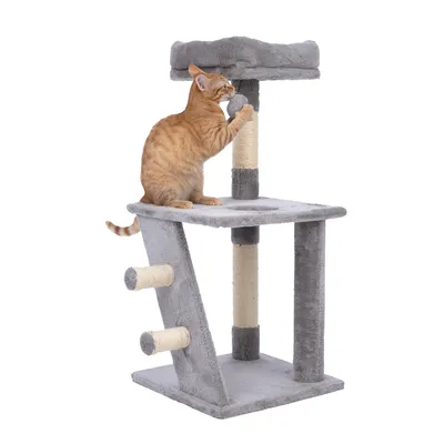 Grey cat tree with multiple levels and sisal posts, with an orange cat scratching one of the posts.