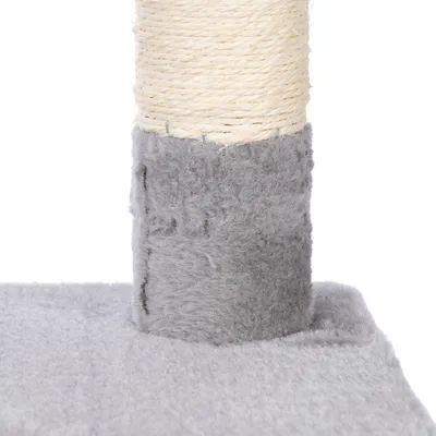 Scratching post with sisal rope and grey plush cover on the base.
