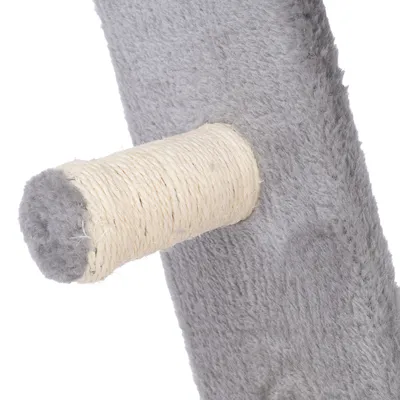 Close-up of a scratching post element: grey plush cover and sisal-wrapped pole for cat claw care.
