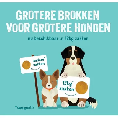 Grotere brokken voor grotere honden, nu beschikbaar in 12kg zakken. Vergelijking: andere zakken versus 12kg zakken, ware grootte brok getoond.