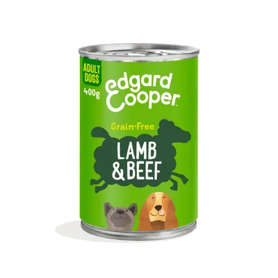 Edgard & Cooper Adult Dogs 400g, Grain-Free Lamb & Beef hondenvoer blik, groene verpakking met illustraties van twee honden.