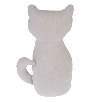 Dekorative Stofffigur in Form einer Katze, beige Farbe, mit geschwungenem Schwanz. Geeignet als Wohnaccessoire oder Geschenk.