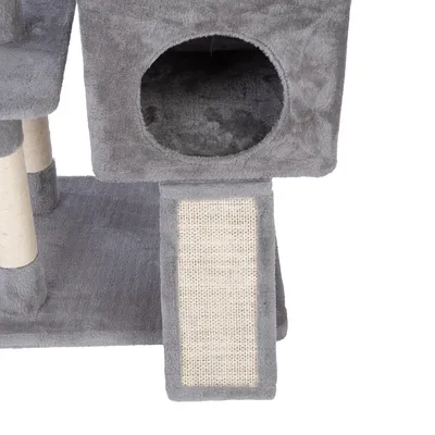 Árbol rascador gris con cueva, superficie de sisal para rascar y niveles acolchados.