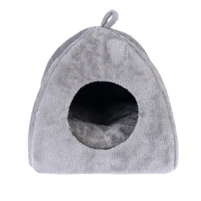 Grey, soft pet house with round entrance and loop on top. Padded interior for comfort.