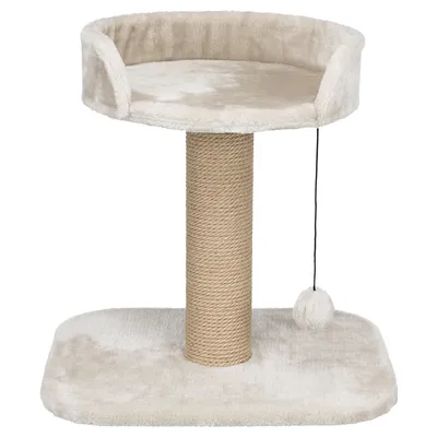 Krabpaal met beige pluche bekleding, sisal stam en speelbal aan touw. Rechthoekige basis en verhoogd ligvlak.
