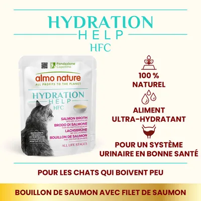 almo nature Hydration Help HFC, bouillon de saumon avec filet de saumon, 100 % naturel, aliment ultra-hydratant, pour chats qui boivent peu, pour un système urinaire en bonne santé