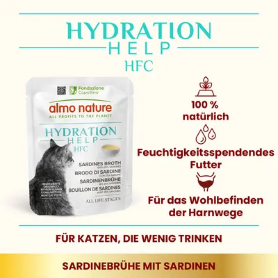 Almo Nature Hydration Help HFC Sardinenbrühe mit 25% Sardinen. Feuchtigkeitsspendendes Futter für Katzen, die wenig trinken. 100% natürlich, unterstützt das Wohlbefinden der Harnwege.