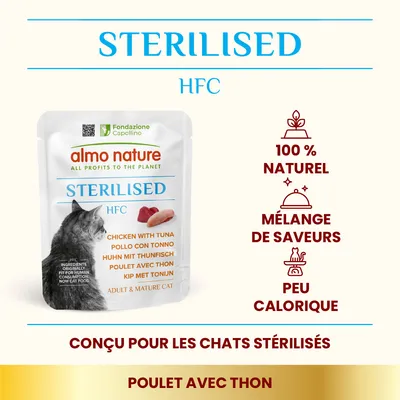almo nature STERILISED HFC, sachet pour chat adulte et mature, poulet avec thon. 100 % naturel, mélange de saveurs, peu calorique. Conçu pour les chats stérilisés.