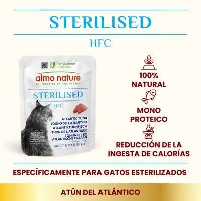 almo nature STERILISED HFC atún del Atlántico para gatos esterilizados. 100% natural, monoproteico, reducción de la ingesta de calorías. Específicamente para gatos esterilizados.