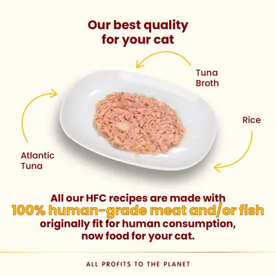 Image showing Atlantic tuna, tuna broth and rice as main ingredients. Text states recipes use 100% human-grade meat or fish originally fit for human consumption, now food for cats.