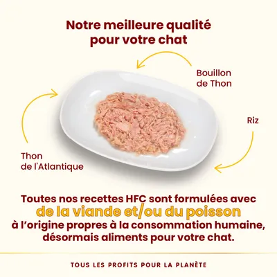 Assiette avec thon de l’Atlantique, bouillon de thon et riz. Texte : Toutes nos recettes HFC sont formulées avec de la viande et/ou du poisson propres à la consommation humaine.