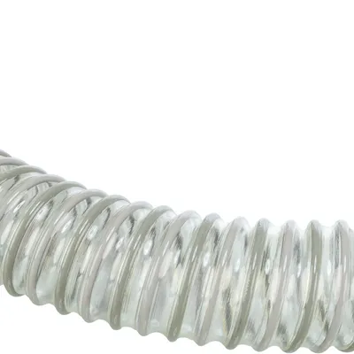 Tubo de plástico transparente y flexible con superficie acanalada, adecuado para varios usos.
