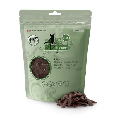 catz finefood Meatz Nr. 15 ló, monoprotein, magas prémium, gabonamentes, állatkísérlet-mentes, Svájcban készült, visszazárható csomagolás, látható húscsíkokkal.