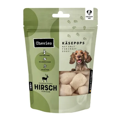 Chewies Käsepops Hirsch, laktosefrei, ohne Zuckerzusatz, getreidefrei. Made in Germany. Für jeden Hund geeignet. Verpackung zeigt Produkt und Markenname.