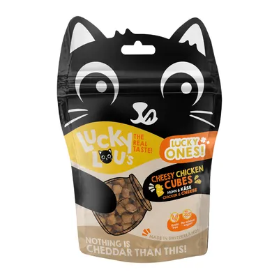 Lucky Lou's Cheesy Chicken Cubes, пиле и сирене. Без зърнени храни, без добавена захар. Произведено в Швейцария. Опаковка с котешки мотив.
