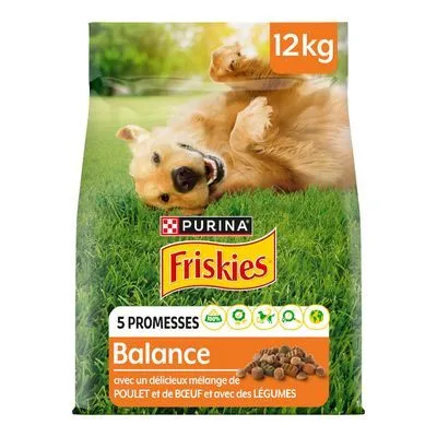 Zak Purina Friskies Balance hondenvoer, 12 kg. Tekst: 5 promesses, Balance, avec un délicieux mélange de poulet et de bœuf et avec des légumes.