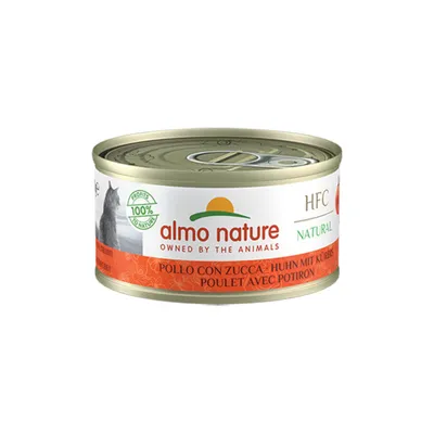 Boîte de pâtée pour chat almo nature HFC Natural, poulet avec potiron, texte visible : 100 % profits to nature, owned by the animals.