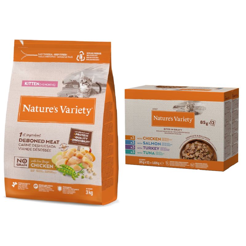 Nature's Variety: сухой корм для кошек, 3 кг + Bites в соусе, 12 x 85 г в подарок!