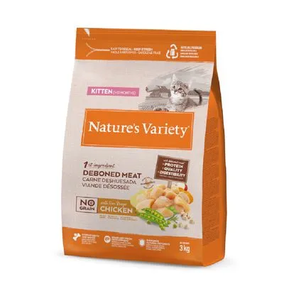 Nature's Variety kattenvoer voor kittens (2–12 maanden), 1e ingrediënt ontbeend vlees, kip, geen granen, 3 kg. Tekst: protein, quality, digestibility.