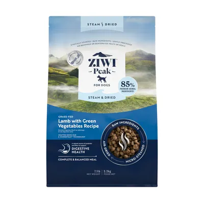 Ziwi Peak for Dogs Steam & Dried, 85% premium animal ingredients, Lamb with Green Vegetables Recipe, masa netto 3,2 kg. Widoczne granulki karmy i informacje o trawieniu.