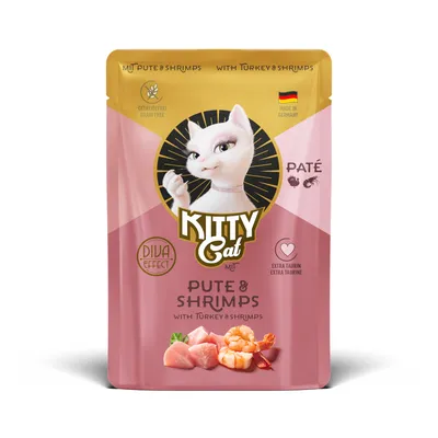 Kitty Cat Paté индейка и креветки, без зерна, с таурином, Diva Effect, Made in Germany. Упаковка с изображением индейки и креветок.