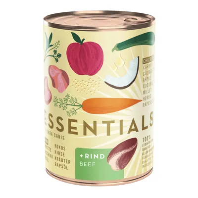 Boîte de nourriture pour chien Terra Canis Essentials, texte visible : +Rind Beef, illustrations de bœuf, carotte, pomme, courgette, noix de coco, millet, herbes, huile de colza.