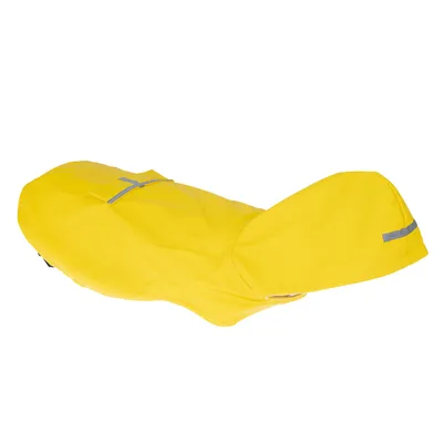 Imperméable jaune pour chien avec capuche et bandes réfléchissantes visibles sur le dos et la capuche, tissu synthétique.