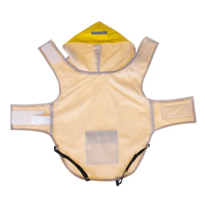Imperméable jaune pour chien avec capuche, attaches à scratch et poche transparente sur le dos, vu de l’intérieur. Matière synthétique visible.