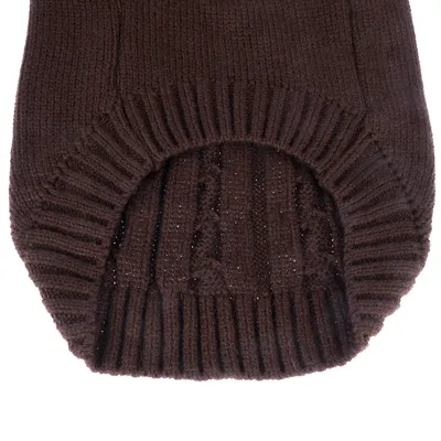 Pull marron en maille pour animal, vue rapprochée sur l’ouverture et les bords côtelés. Matière visible : tissu tricoté.
