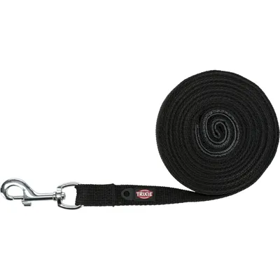 Longe noire en tissu avec mousqueton métallique, marque TRIXIE visible sur l’étiquette.