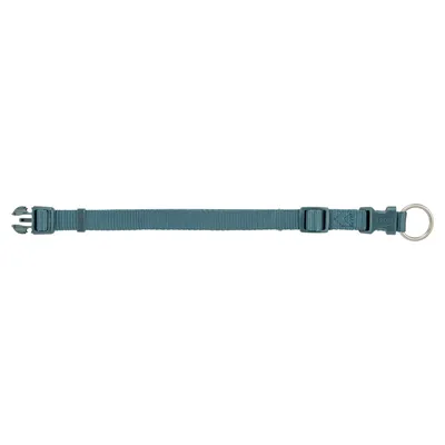 Collier en nylon bleu avec boucle à clip et anneau métallique, marque Trixie visible sur la fermeture.