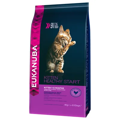 EUKANUBA Kitten Healthy Start, kitten 1–12 maanden, 91% dierlijk eiwit van kip en kalkoen, 4 kg = 61 dagen, bevordert gezonde hersenontwikkeling met DHA. Rich in chicken.
