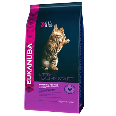 Saco de pienso Eukanuba Kitten Healthy Start para gatitos 1–12 meses, 4 kg. Texto visible: 91 % proteína animal, promueve el desarrollo cerebral con DHA, rico en pollo.