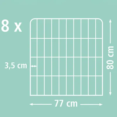 Diagramm eines Gitters mit den Massen: Höhe 80 cm, Breite 77 cm, Abstand zwischen Streben 3,5 cm. Enthält 8 Stück.