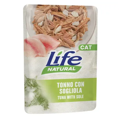 Life Natural Cat, tuńczyk z solą. Opakowanie przedstawia zdjęcie produktu oraz tekst: 'Tonno con sogliola' i 'Tuna with sole'.