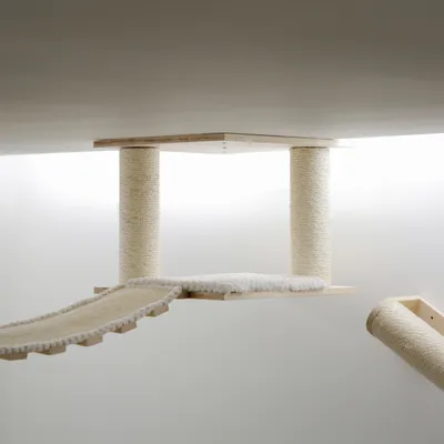 Ceiling-mounted scratching post with sisal-wrapped columns, wooden platforms and padded lying areas.