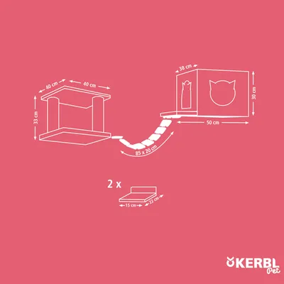 Schéma d’aire de jeu pour chat Kerbl Pet avec dimensions : plateforme 40×40×33 cm, maisonnette 50×38×30 cm, pont 85×20 cm, 2 marches 15×22 cm. Logo Kerbl Pet visible.