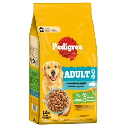 Pedigree Adult suché krmivo s rybou a zeleninou, 12kg balenie. Obsahuje prírodné zložky, prebiotiká a superpotraviny. Vhodné pre dospelých psov.