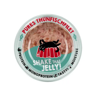 Lattina con la scritta "Pures Thunfischfilet, Shake That Jelly!" e simboli per proteine, monoproteina, gusto e umidità.