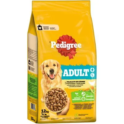 Zak Pedigree Adult hondenvoer 12 kg, afbeelding van hond, kom met brokken, tekst: 'Natuurlijke ingrediënten', 'Zonder kunstmatige smaakstoffen', 'Volledig diervoeder'.