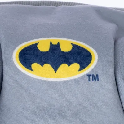 Logo Batman in giallo e blu su tessuto grigio con marchio TM.
