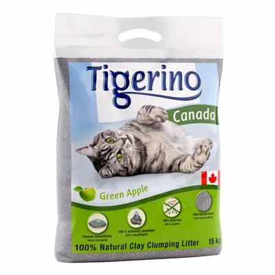 Sac de litière pour chat Tigerino Canada Green Apple, 100 % Natural Clay Clumping Litter, 15 kg, drapeau du Canada, pictogrammes : absorption 350 %, sans poussière 99 %, agglomération immédiate.