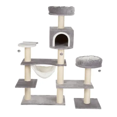 Arbre à chat gris avec deux paniers ronds, une niche carrée, un hamac blanc, plusieurs plateformes et poteaux en sisal, trois balles suspendues visibles.