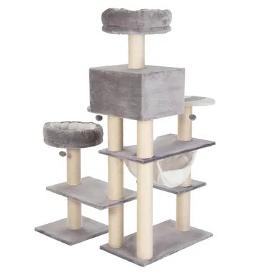 Arbre à chat gris avec plusieurs plateformes, deux paniers ronds rembourrés, un cube fermé, un hamac en tissu blanc et des poteaux recouverts de sisal.